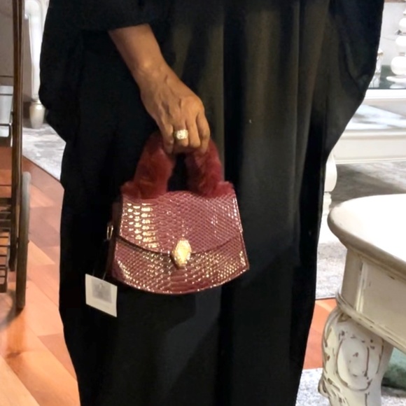 Wine Burgundy Faux Fur and Snakeskin Top Handle Handbag with shoulder strap - Picture 16 of 16
